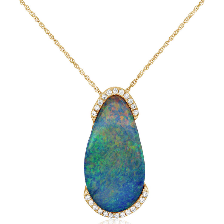 14K Yellow Gold Australian Opal Doublet/Diamond Pendant