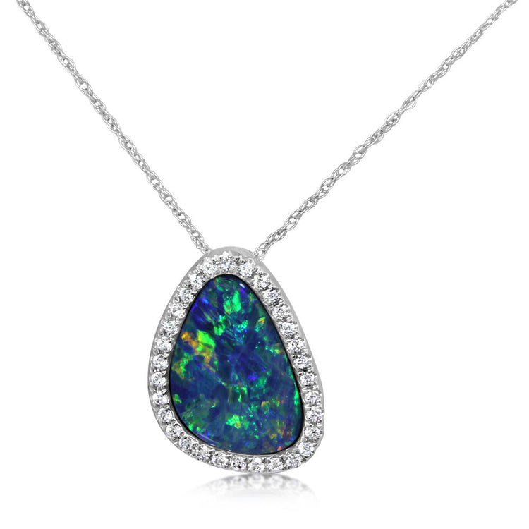 14K White Gold Australian Opal Doublet/Diamond Pendant