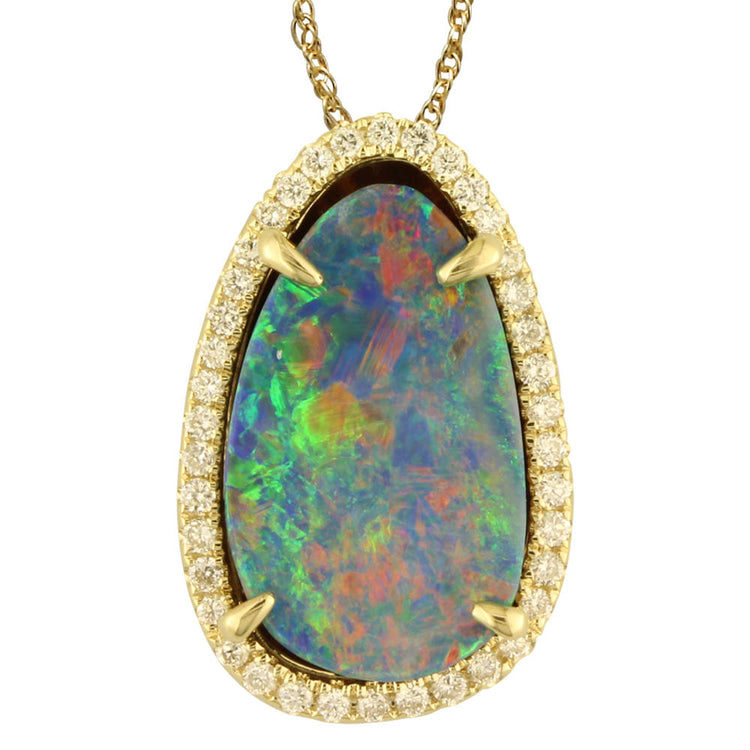 14K Yellow Gold Australian Opal Doublet/Diamond Pendant