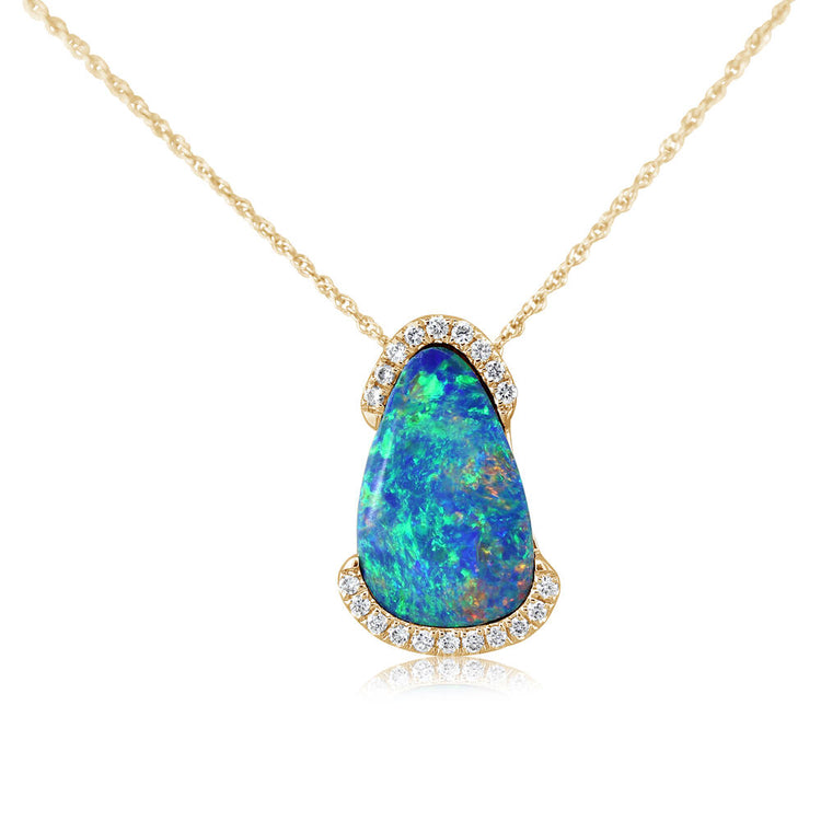 14K Yellow Gold Australian Opal Doublet/Diamond Pendant