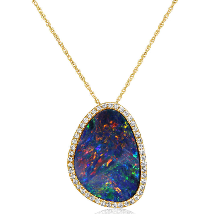 14K Yellow Gold Australian Opal Doublet/Diamond Pendant