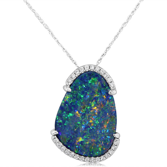 14K White Gold Australian Opal Doublet/Diamond Pendant