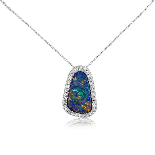 14K White Gold Australian Opal Doublet/Diamond Pendant