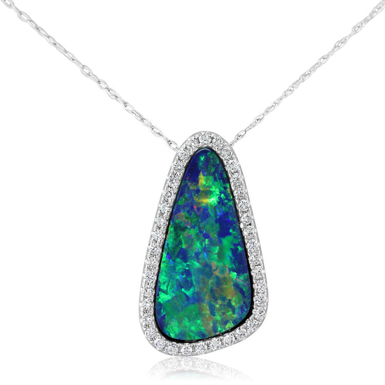 14K White Gold Australian Opal Doublet/Diamond Pendant