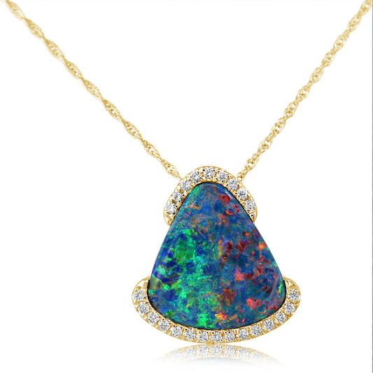 14K Yellow Gold Australian Opal Doublet/Diamond Pendant