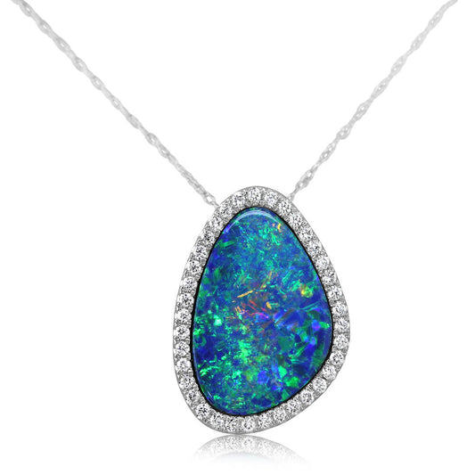 14K White Gold Australian Opal Doublet/Diamond Pendant