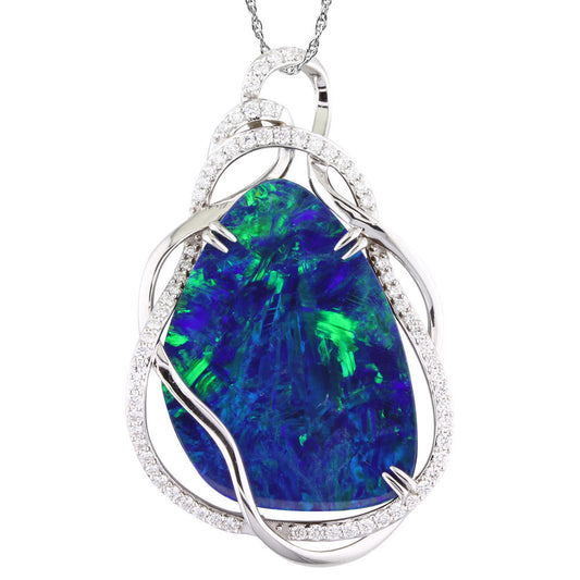 18K White Gold Australian Opal Doublet/Diamond Pendant