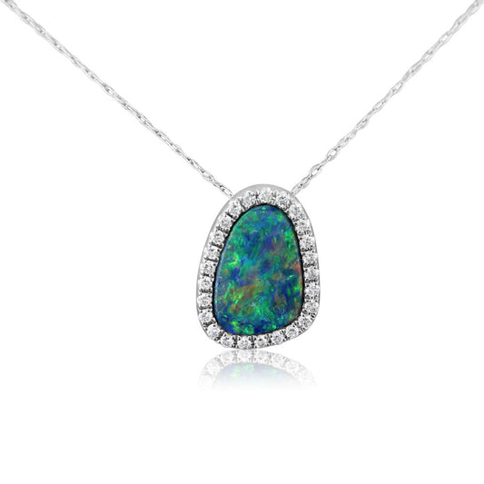 14K White Gold Australian Opal Doublet/Diamond Pendant