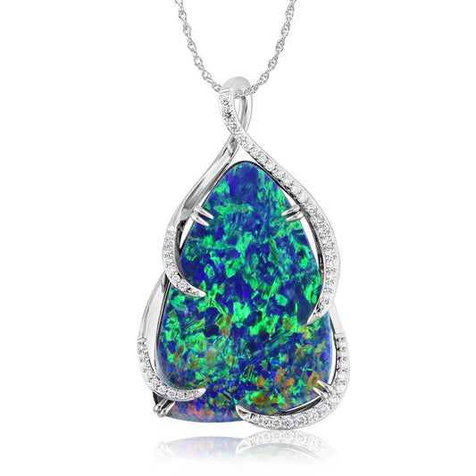 18K White Gold Australian Opal Doublet/Diamond Pendant