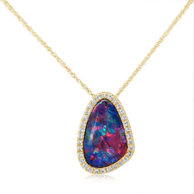 14K Yellow Gold Australian Opal Doublet/Diamond Pendant