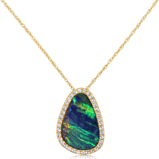 14K Yellow Gold Australian Opal Doublet/Diamond Pendant