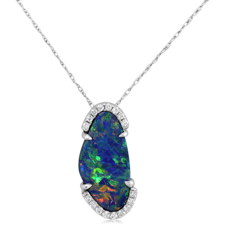 14K White Gold Australian Opal Doublet/Diamond Pendant