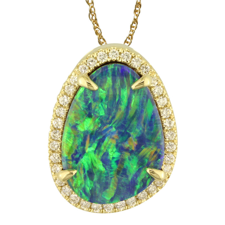 14K Yellow Gold Australian Opal Doublet/Diamond Pendant