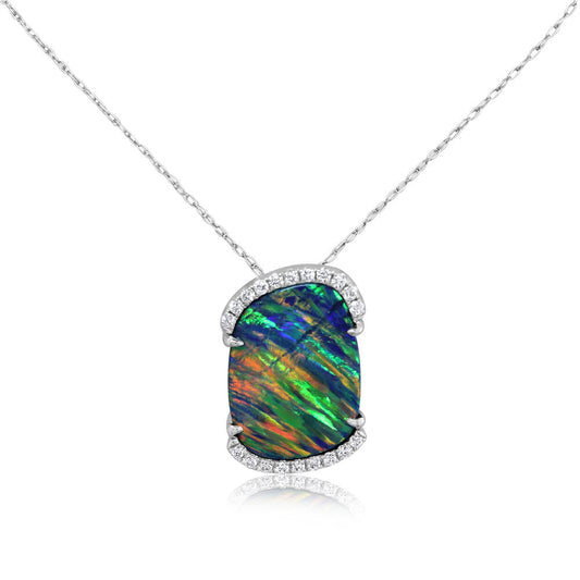 14K White Gold Australian Opal Doublet/Diamond Pendant