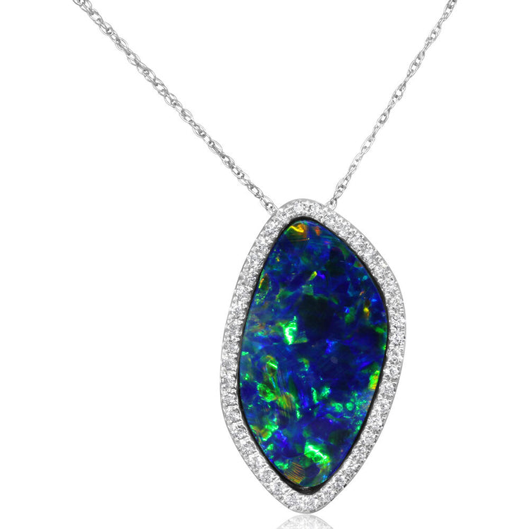 14K White Gold Australian Opal Doublet/Diamond Pendant