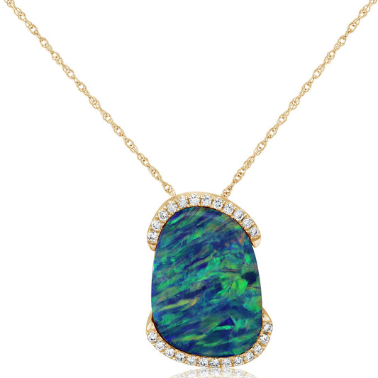 14K Yellow Gold Australian Opal Doublet/Diamond Pendant