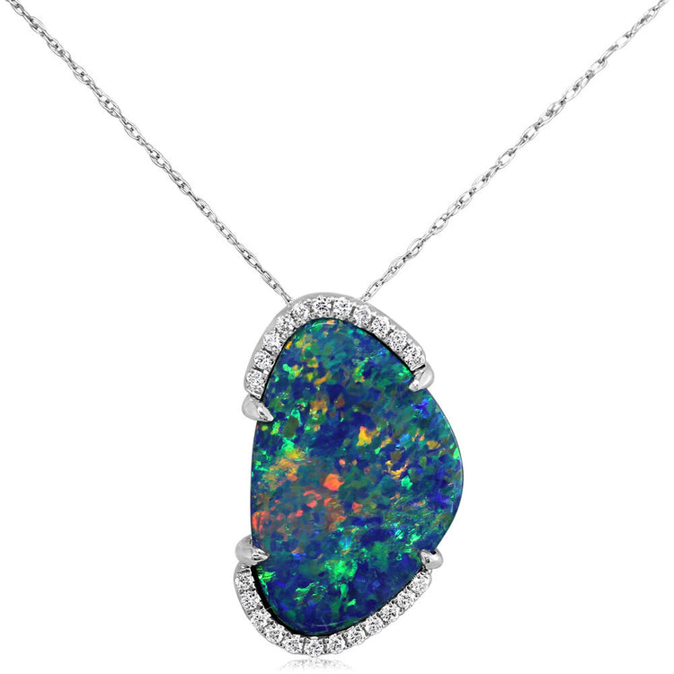 14K White Gold Australian Opal Doublet/Diamond Pendant