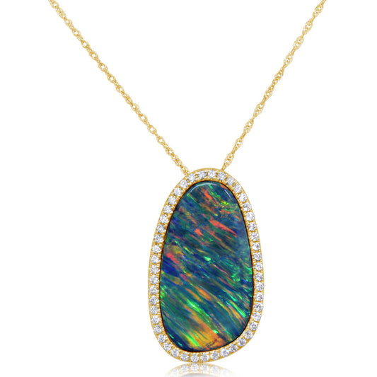 14K Yellow Gold Australian Opal Doublet/Diamond Pendant