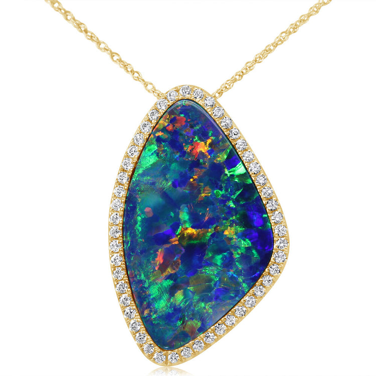 14K Yellow Gold Australian Opal Doublet/Diamond Pendant