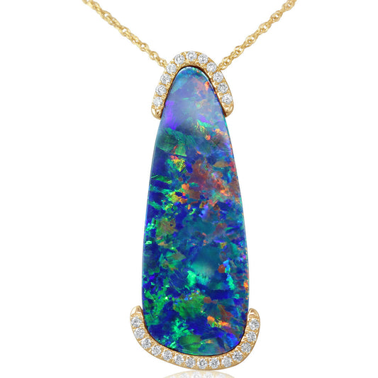 14K Yellow Gold Australian Opal Doublet/Diamond Pendant