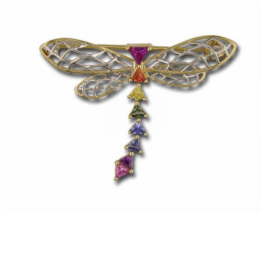 14K White and Yellow Gold Rainbow Sapphire Dragonfly Pin