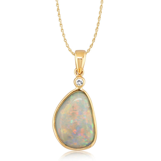 14K Yellow Gold Australian Opal Pendant with Diamond