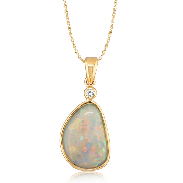 14K Yellow Gold Australian Opal Pendant with Diamond