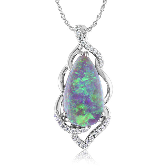 18K White Gold Australian Black Opal/Diamond Pendant