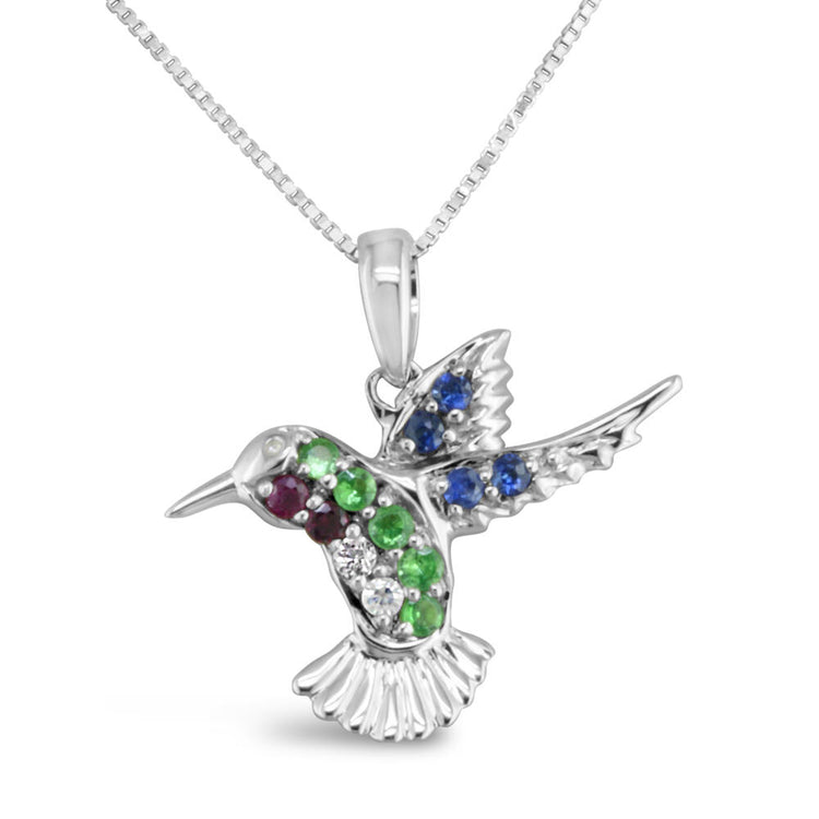 14K White Gold Ruby/Tsavorite/Green & Blue Sapphire Small Hummingbird (18x19) N