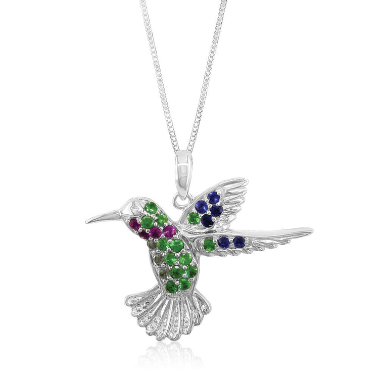 14K White Gold Ruby/Tsav/Blue & Green Sap Reversible Hummingbird Pend (22x25.5)