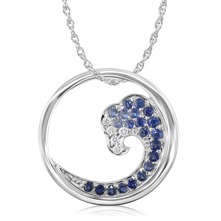 14K White Gold Graduated Blue Sapphire/Diamond Tipped Wave 20mm Pendant