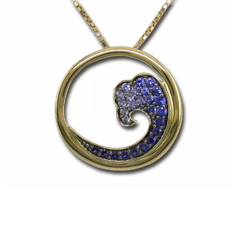 14K Yellow Gold Nature Graduated Blue Sapphire Wave 20mm Pendant