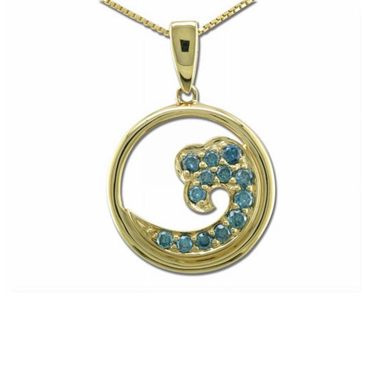 14K Yellow Gold Nature Blue Diamond Wave 15mm Pendant