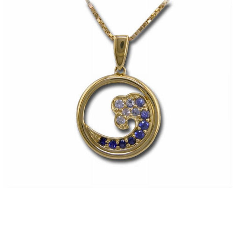 14K Yellow Gold Nature Graduated Blue Sapphire Wave 15mm Pendant