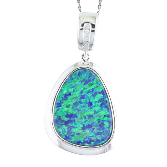 14K White Gold Australian Opal Doublet/Diamond Pendant