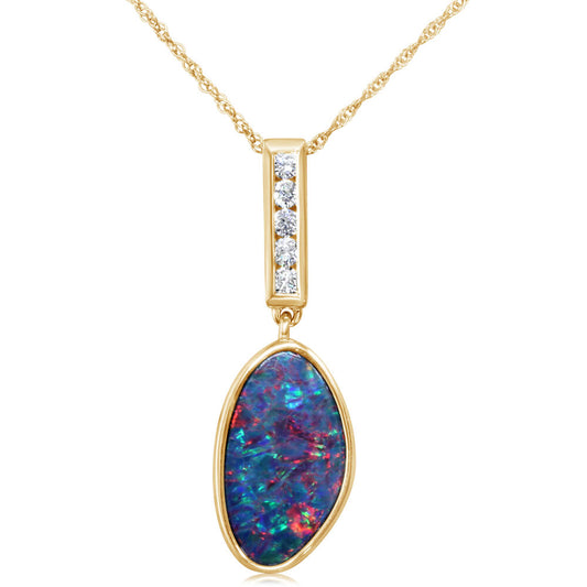 14K Yellow Gold Australian Opal Doublet/Diamond Pendant