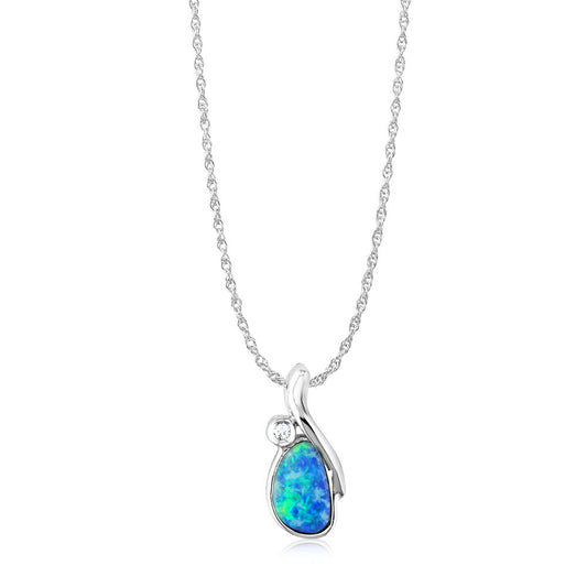 14K White Gold Australian Opal Doublet/Diamond Pendant