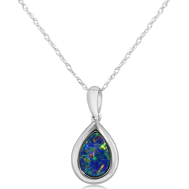 14K White Gold 7x5 Pear Australian Opal Doublet Pendant