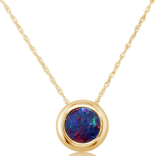 14K Yellow Gold 6mm Round Australian Opal Doublet Pendant with Chain