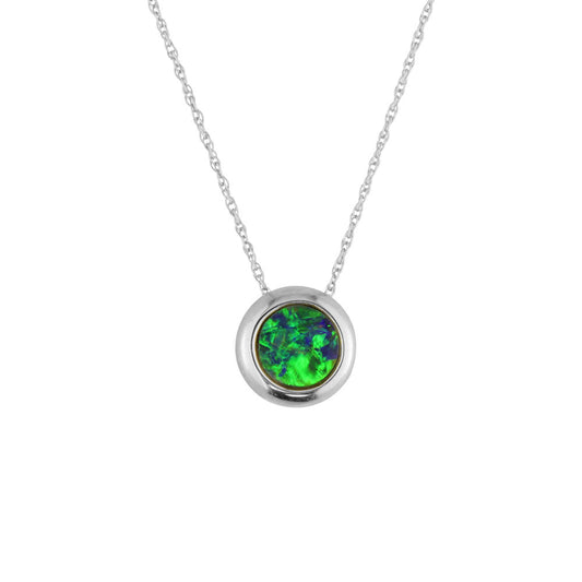 14K White Gold 6mm Round Australian Opal Doublet Pendant with Chain