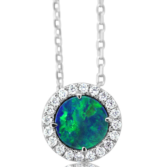 14K White Gold Australian Opal Doublet/Diamond Pendant with Chain