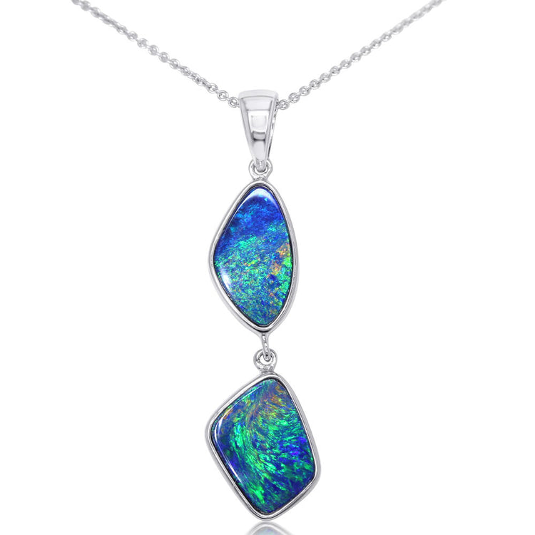 14K White Gold Australian Opal Doublet (2-Stone) Pendant