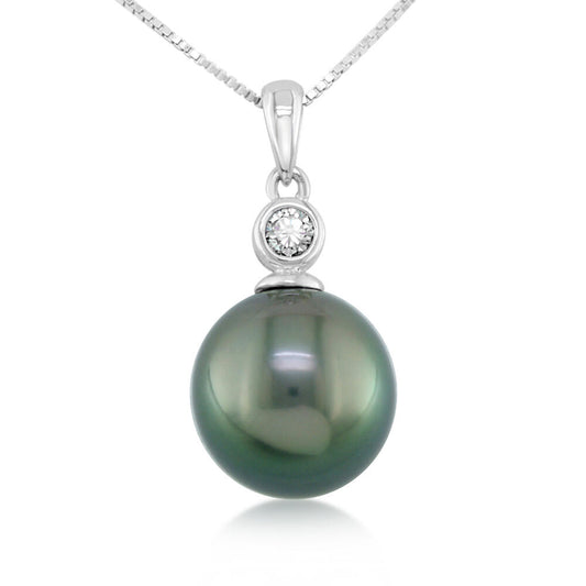 14K Rose Gold Tahitian Pearl 9.5mm/Diamond Bezel Pendant