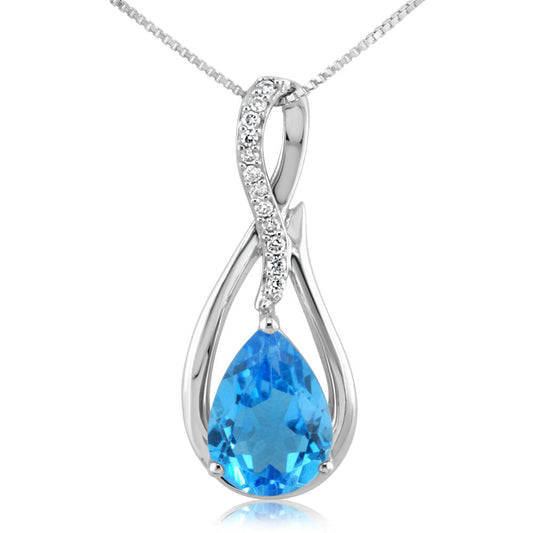 14K White Gold Blue Topaz/Diamond Pendant