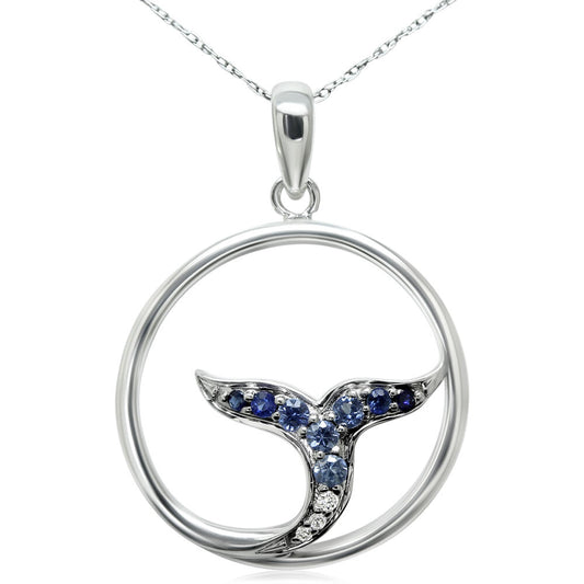 Sterling Silver Graduated Blue Sapphire/Diamond Whale Tail Pendant