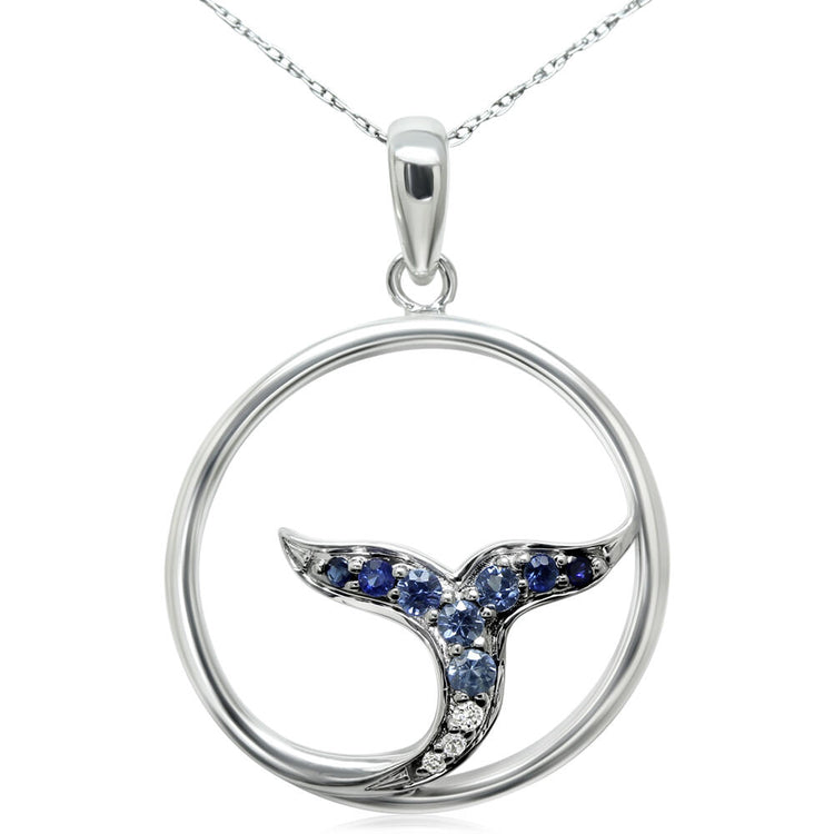 Sterling Silver Graduated Blue Sapphire/Diamond Whale Tail Pendant