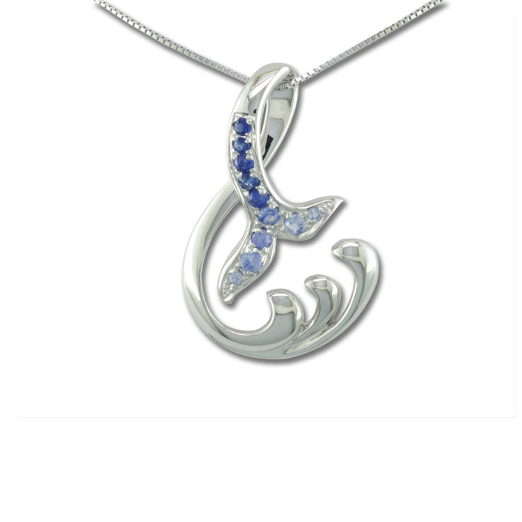 14K White Gold Graduated Blue Sapphire Whale Tail Pendant