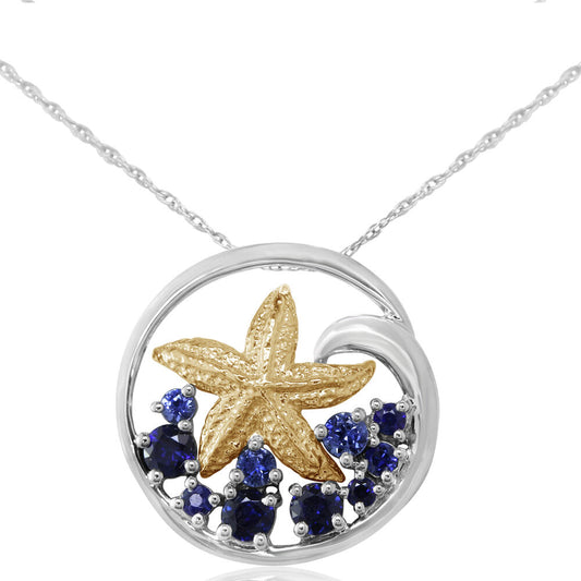 Sterling Silver /14K Yellow Gold Graduated Blue Sapphire Starfish Pendant