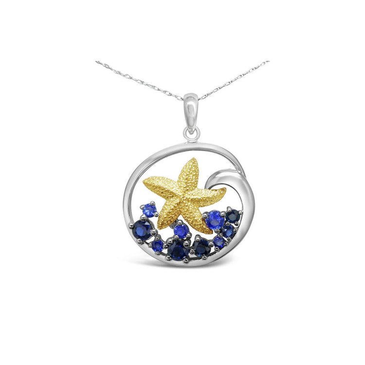 14K Yellow Gold/Sterling Silver Graduated Blue Sapphire Starfish Pendant