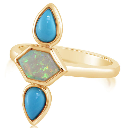 14K Yellow Gold Australian Opal/Arizona Turquoise Ring